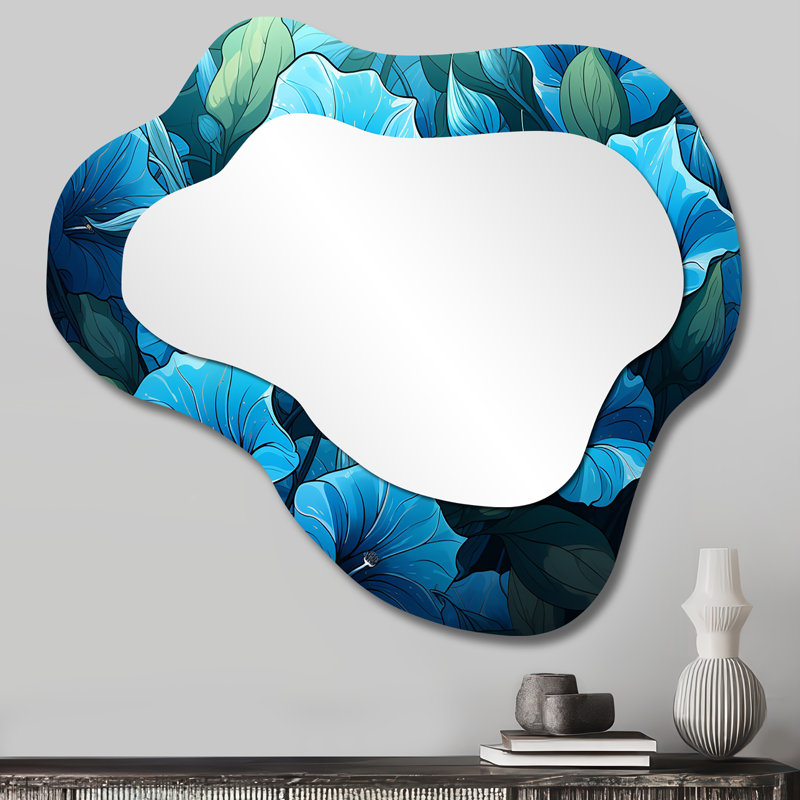 Blue Morning Glory Blossom Burst - Formes asymétriques Morning Glory - Grand miroir mural traditionnel, 25 po x 28 po