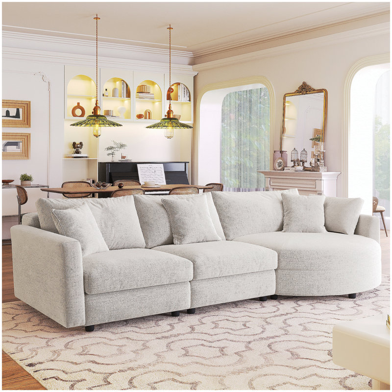 107" Chenille Fabric 3-Piece Sectional Sofa with Curved Chaise and 3 Throw Pillows – Perfect for Living Rooms, Offices, and Apartments