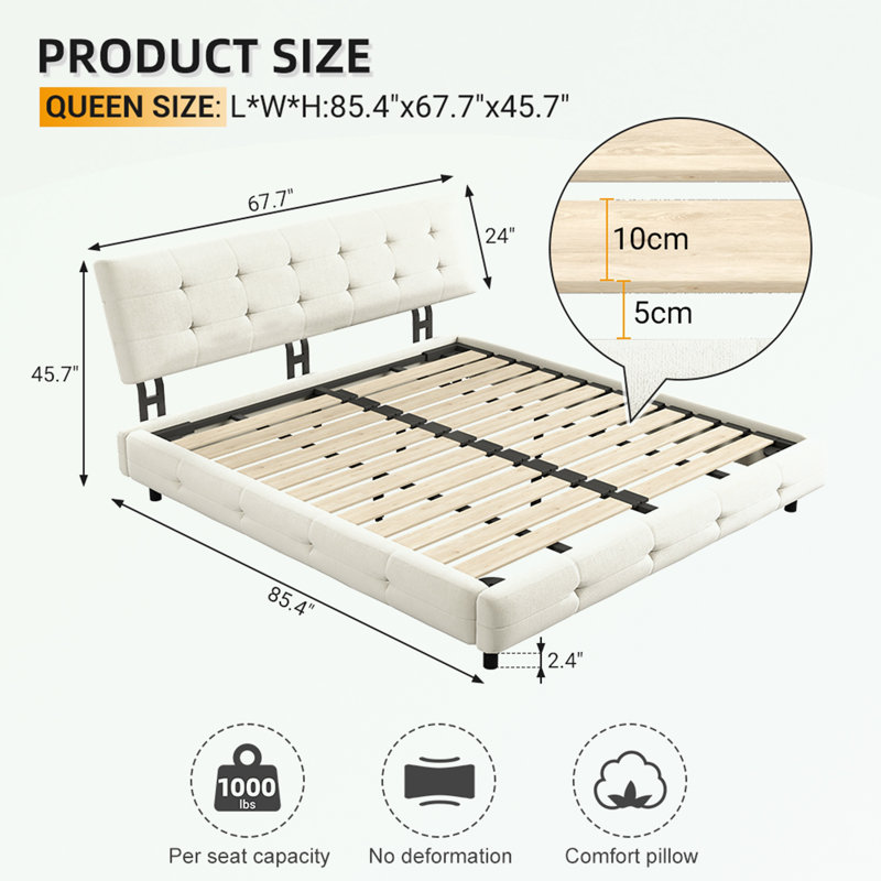 Structure de lit en chenille grand avec tête de lit capitonnée, Beige, Grand