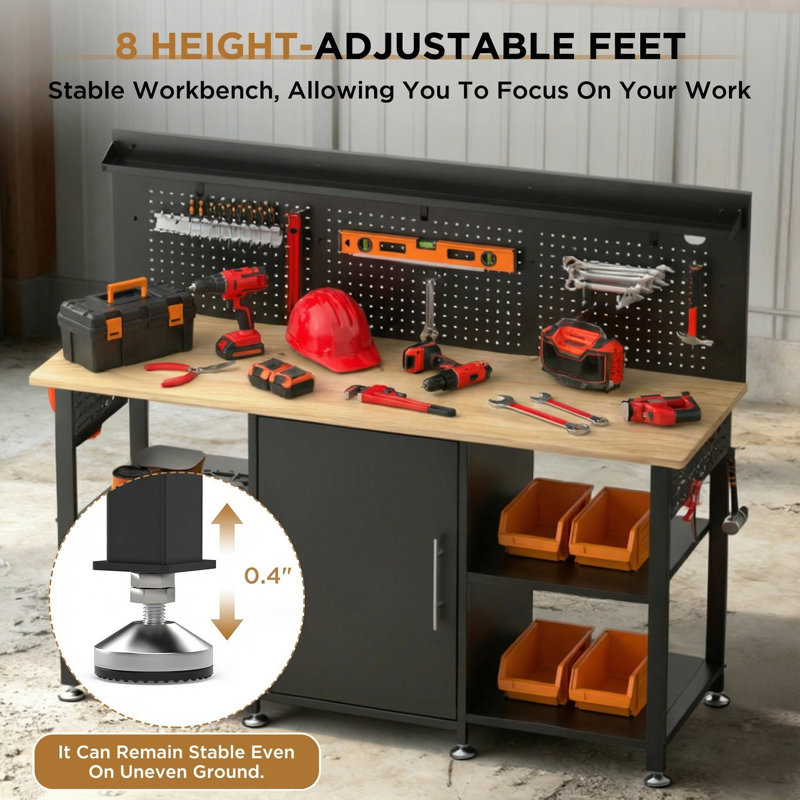 60 Inch Heavy Duty Workbench with Storage Cabinet, Solid Wood Top, 2000 lbs Capacity, Garage Work Table with Pegboard, Power Outlet, Wheels or Leveling Feet