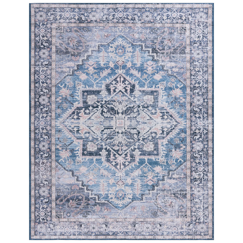 Tucson Vintage Look Machine Washable Non-Slip Area Rug in Blue & Navy, Rectangle 244 x 305 cm