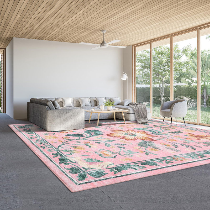 Washable Folding Floral Print Rug Washable Non - Slip Backing for Living Room Bedroom, 6ft, Rectangle 6' x 9', Pink