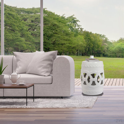 10.5" X 17" Glazed Ceramic Drum Stool - Indoor/Outdoor Side Table - Accent Garden Stool