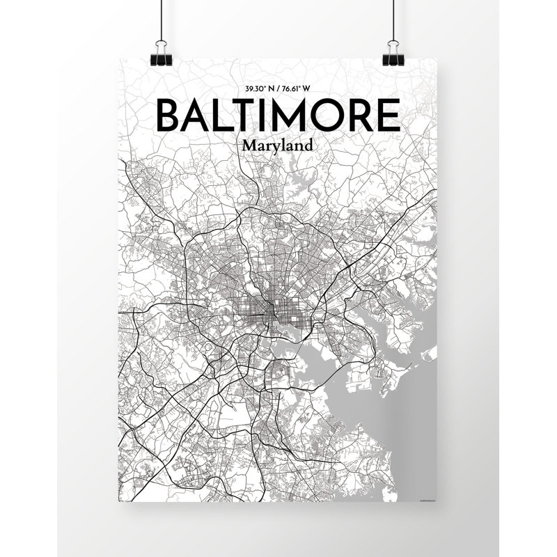 Baltimore City Map, reproduction d'impression sur affiche en blanc / gris, H 20 po x l 16 po