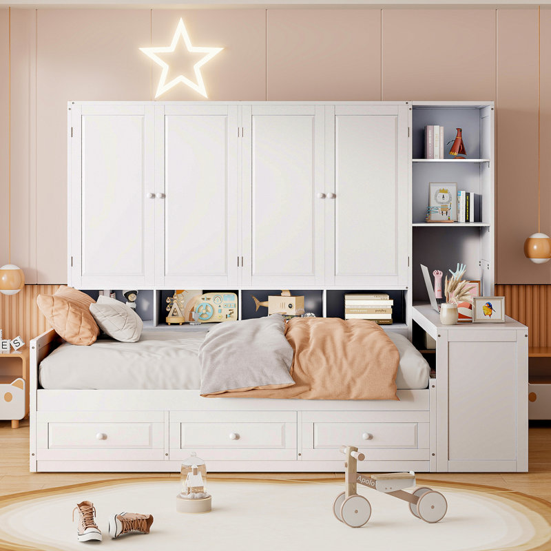 Wooden Daybed With Three Drawers, And All-In-One Cabinet, Desk And Shelves, Gray, Twin