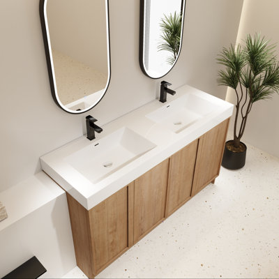 Meuble-lavabo autoportant de 60 pouces avec quatre portes d'armoire à fermeture amortie