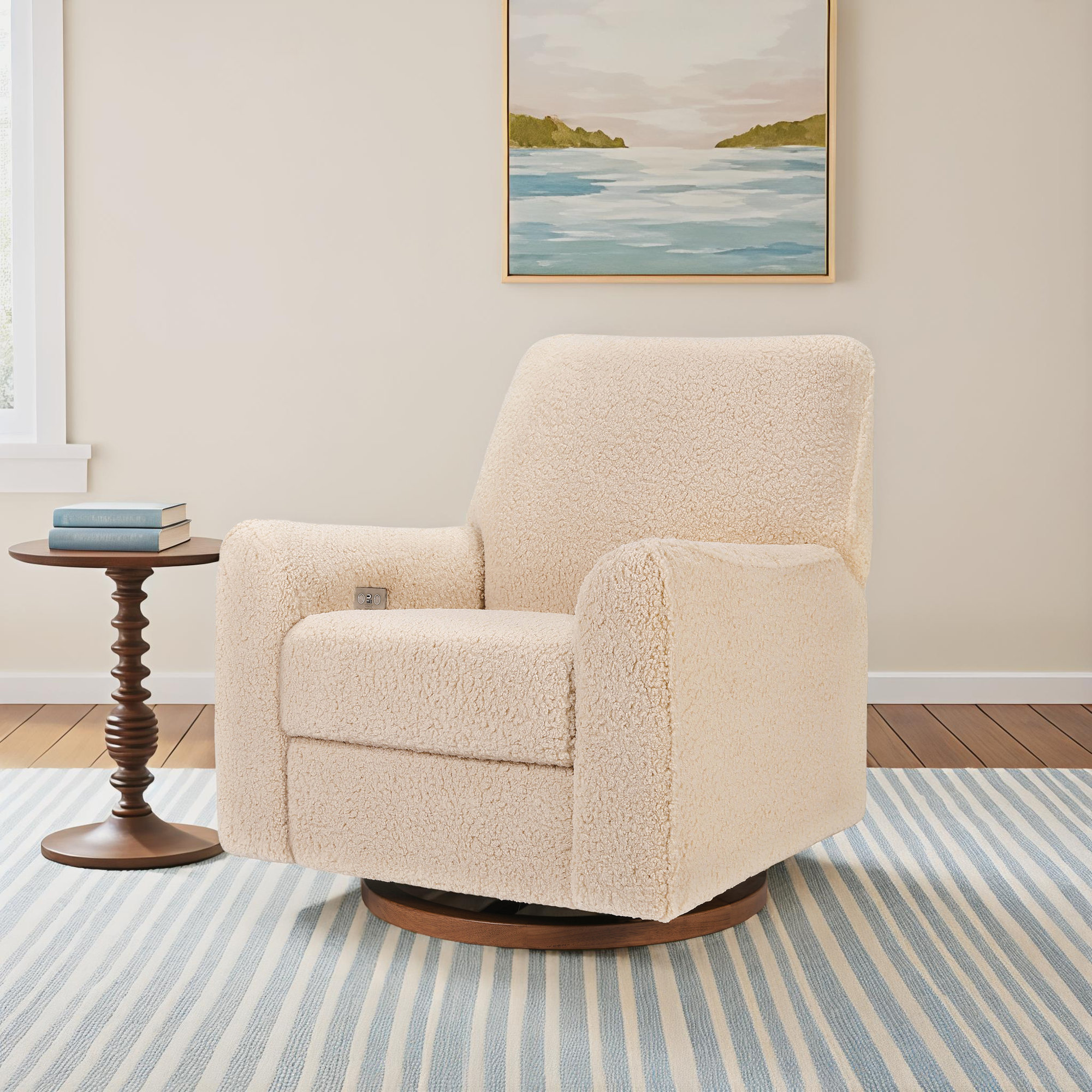 Sunday Power Recliner and Swivel Glider, Dark Wood, Beige Sherpa
