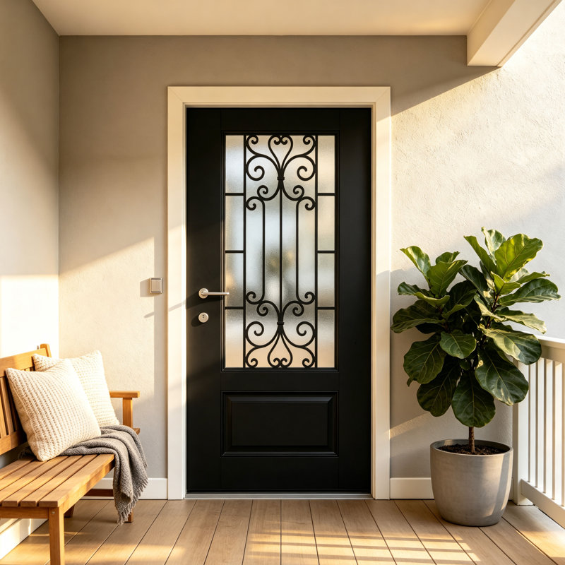 Panneau de porte d'entrée texturé linéaire seulement, avec vitrage en fer forgé 3/4 et verre à faible émissivité, ouverture vers l'intérieur à droite (cadre de porte non inclus).