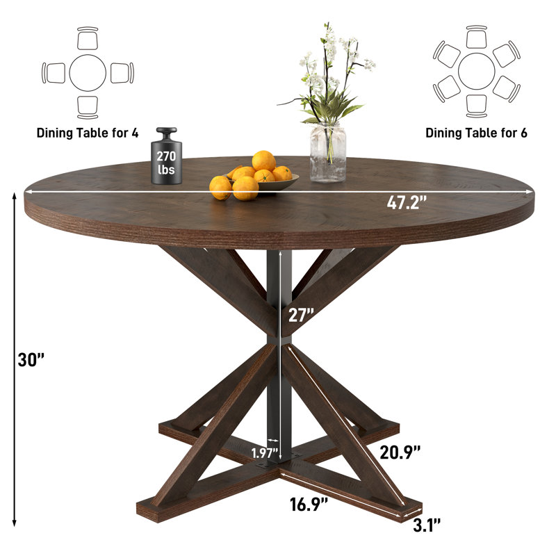 47" Round Dining Table For 4 - Farmhouse Wooden Kitchen & Dining Room Table, For Living Room, Kitchen, And Dining Areas