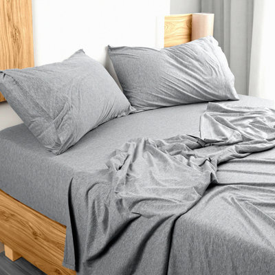 SoftStretch Jersey Knit Bed Set - 4 Piece Cotton Sheets (Heather Light Grey)