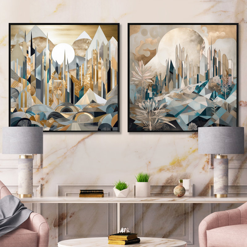 Harmonie géométrique dorée et blanche - ensemble de 2 collages carrés de paysages abstraits, Cadre flottant noir