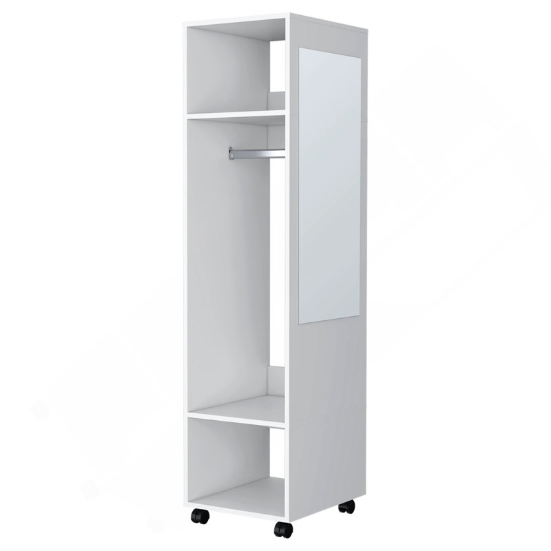 Armoire blanche à 3 tablettes avec miroir et rangement ouvert