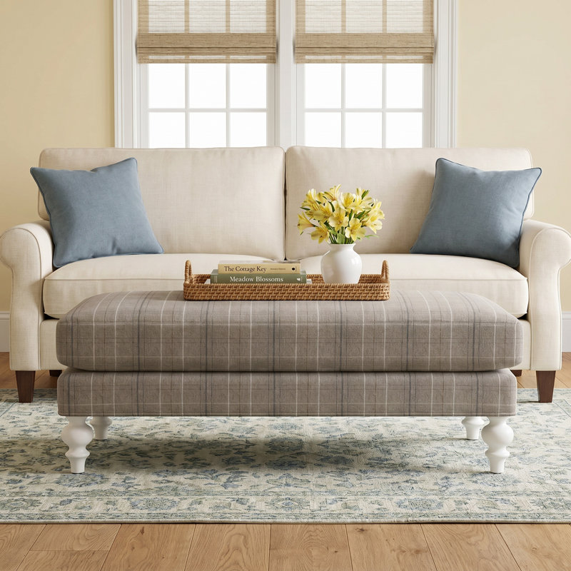 Celeste Upholstered Ottoman, Frost White Finish, Denim Maze; 0425-63