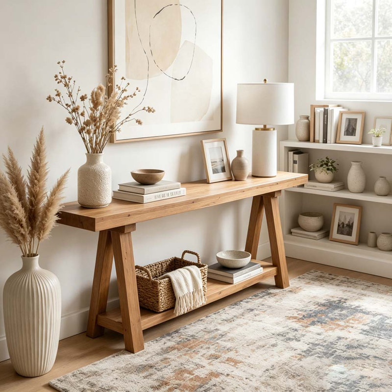 Table basse de style naturel, table d'entrée en bois, console élégante