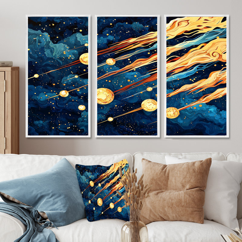 Radiant Cascade Of Comets II - Space, impression d'art mural, H 32 po x l 48 po, Reproduction avec cadre flottant, Blanc