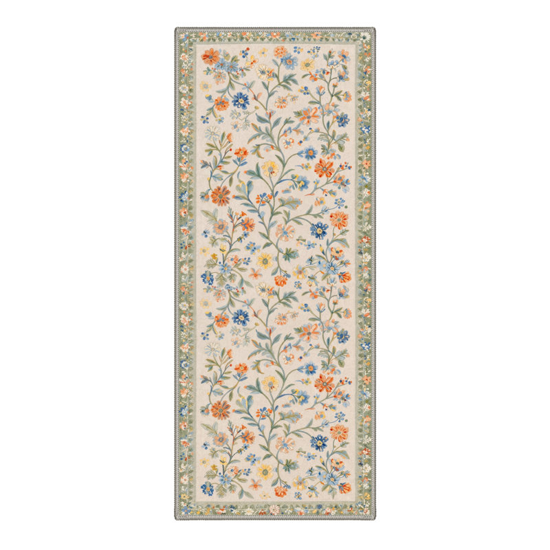 Tapis d'intérieur vert / beige lavable à la machine Verona avec envers antidérapant, Runner 2'6" x 8'