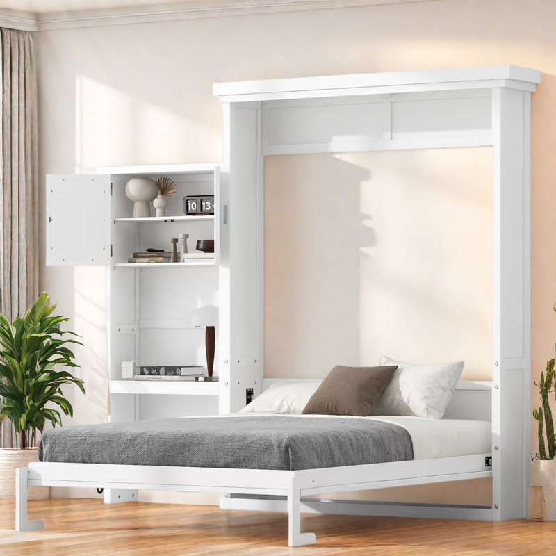 Murphy Bed With Storage Shelves And Louvred Style Decoration, White