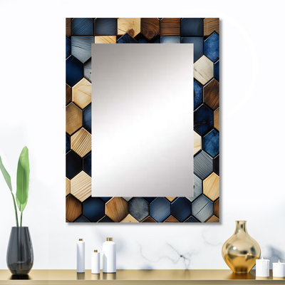 Beige et bleu Hexagones Symmetry - miroir géométrique, miroir mural décoratif moderne, impression d'art en métal