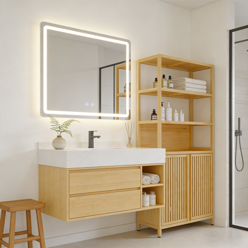 Armoire de rangement pour salle de bain 65 po avec tablettes et portes de 65 po de hauteur, armoire autoportante en lin avec tablettes ouvertes et rangement fermé pour la salle de bain, la salle de lavage ou le vestibule