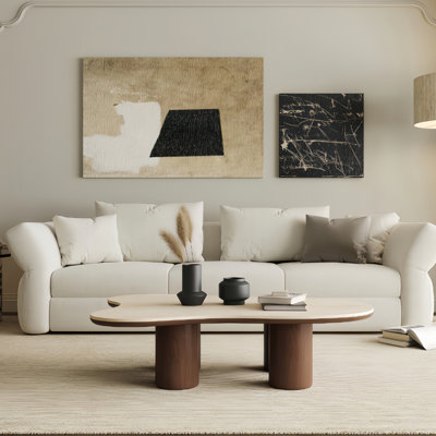 Table basse 48 po en bois moderne, plateau en pierre frittée beige, pieds en bois massif