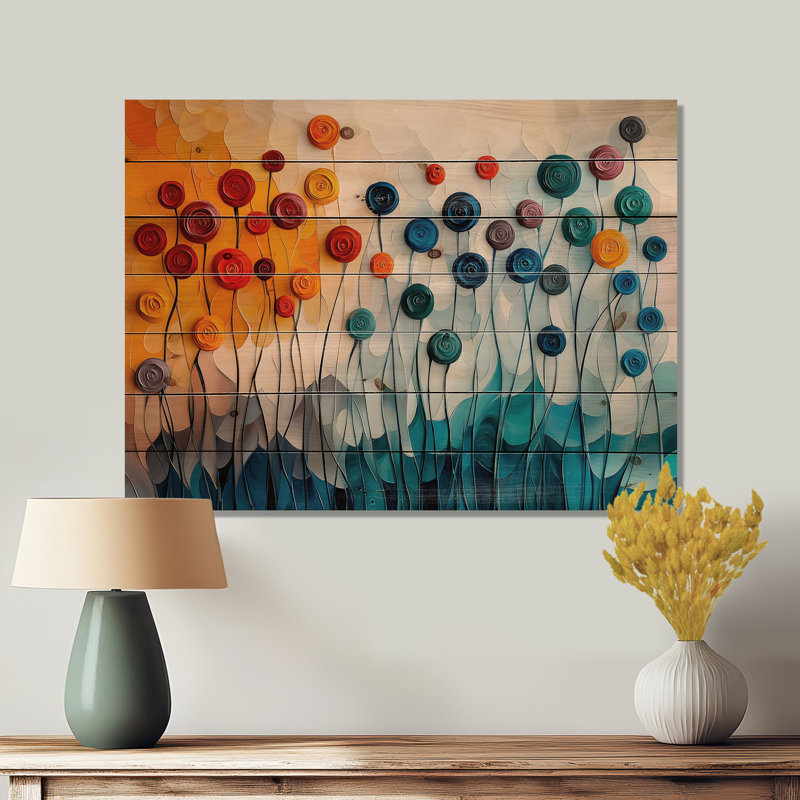 Fantasy Field Of Ranunculus Flowers IV - Ranunculus Wood Wall Art - On Natural Pine Wood, 10" H x 20" W x 0.78" D