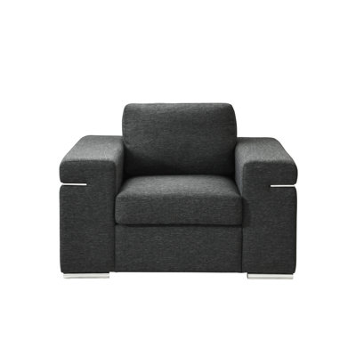 Chaise avec accoudoirs en lin noir, cadre de salon européen, structure en bois franc robuste, paire de coussins amovibles, siège confortable en mousse complète, pieds en acier inoxydable brossé, hauteur du siège de 18 po, profondeur de 23 po, largeur de 25 po,