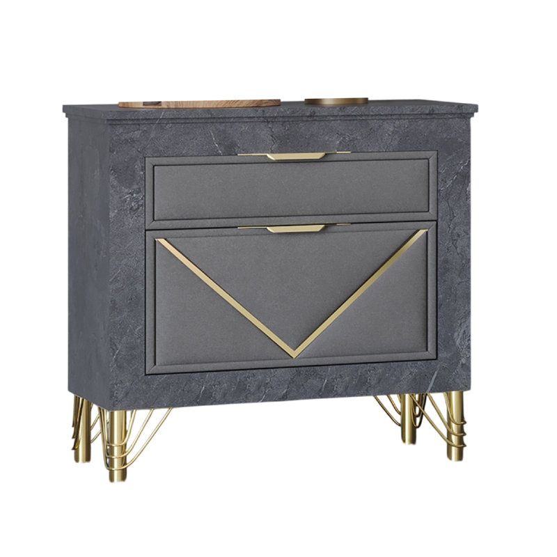 Table de chevet Semy, 2 tiroirs décoratifs dorés, stratifié marbre gris