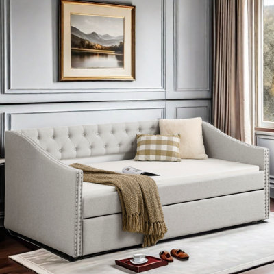 Shary Upholstered Tufted Daybed with Trundle and Copper Nail on Waved Shape Arms by Red Barrel Studio