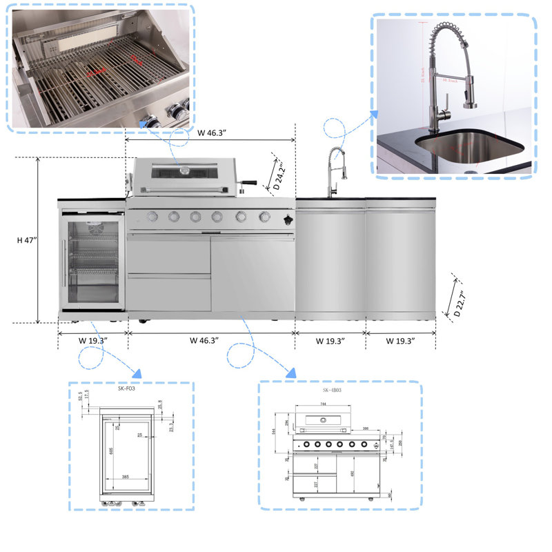 Îlot de cuisine à 4 brûleurs au gaz naturel Daheat Deluxe de 46 po avec rôtissoire, armoires de rangement et tiroirs