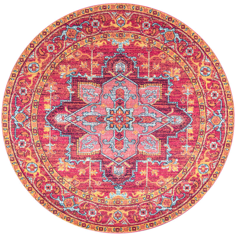 Aliece Bohemian Medallion Power Loom Performance Pink/Orange Rug, Round 4'
