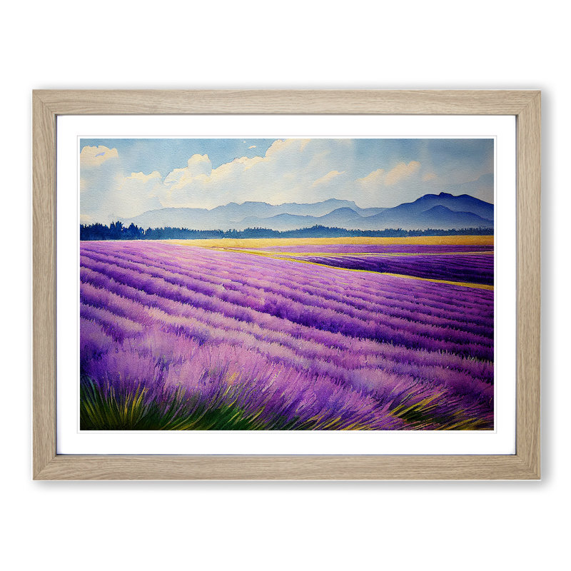 Watercolour Lavender Field Vol.4 - Single Picture Frame Print, 34cm H x 46cm W x 2cm D, Oak