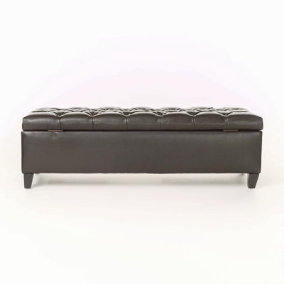 Ottoman Bench With Storage, Dark Brown PU Surface, Rubber Wood Legs, 300 Lbs Capacity