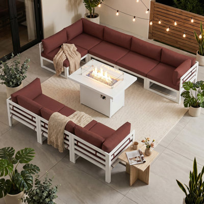Ensemble de conversation modulaire d'extérieur en aluminium pour 8 personnes avec table de foyer et coussins Anevaeh
