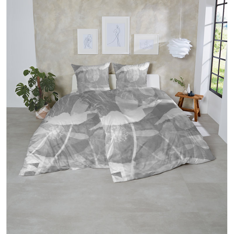 Riggsby Cotton Floral Duvet Cover Set with Pillow Shams Included, Single Duvet Cover + 1 Standard Pillowcase, Grey/White