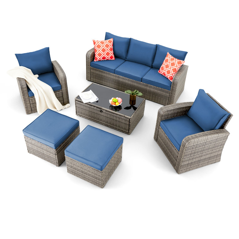 7 - Person Modular Patio Conversation Set with Cushions, Blue Cushion/Gray Frame