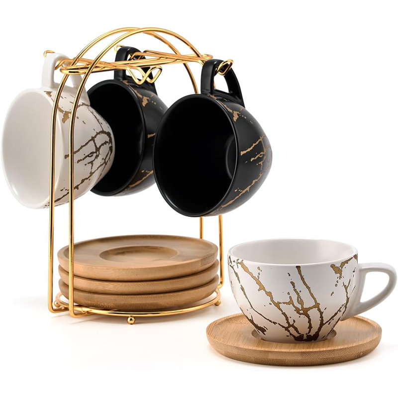 Stackable Coffee Mugs and Saucer with Metal Stand Set of 4, White