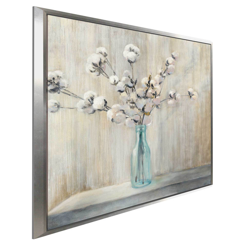 «Cotton Bouquet I», reproduction de peinture acrylique sur toile, H 39,5 po x l 39,5 po x P 2 po, Cadre flottant argent