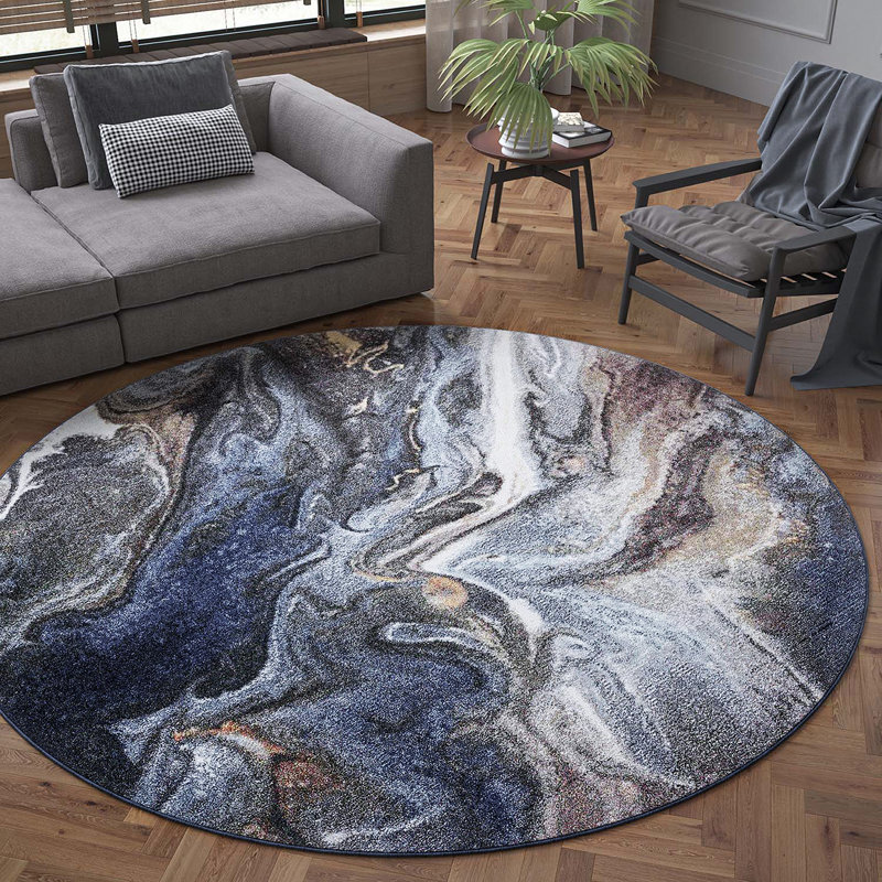 Aba Abstract Blue/Gray/Orange Area Rug, Round 7'10"
