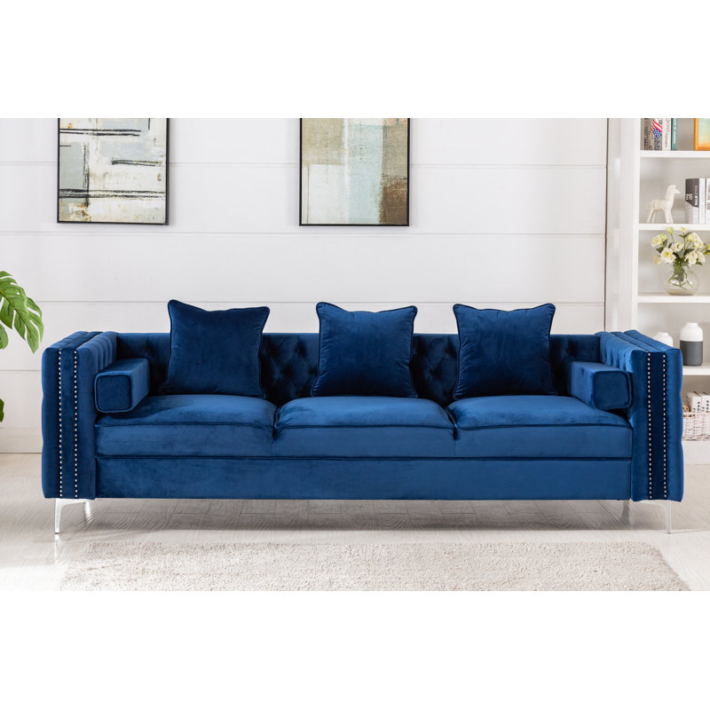 Canapé Chesterfield Zaida, Velours bleu