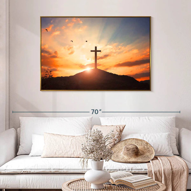 Coucher de soleil en croix, 46 po x 31 po, Cadre flottant doré