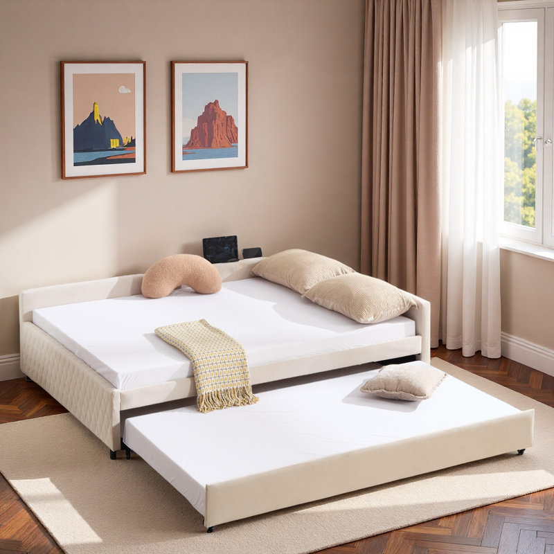 Upholstered Daybed With Trundle And Usb, Beige