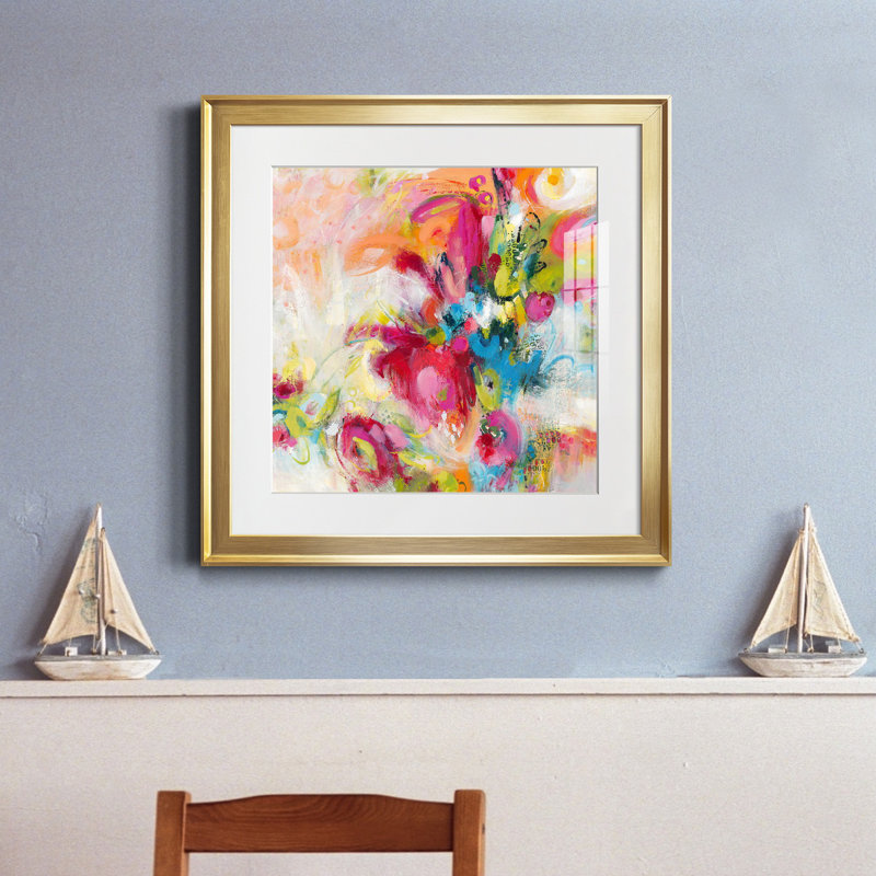 " Let's Bounce ", 24" H x 24" W x 1" D, Gold Framed Paper, White