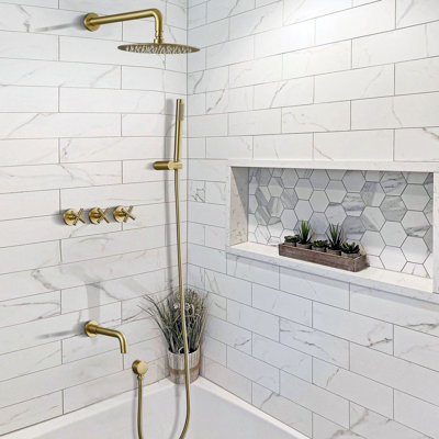 Wall Mounted Solid Brass Complete Shower System With Tub Spout And 3-Cross Handles