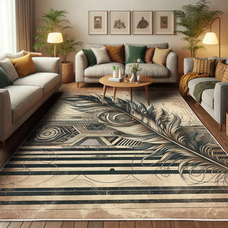 Bohemian Feather Design Blue and Beige Synthetic Area Rug