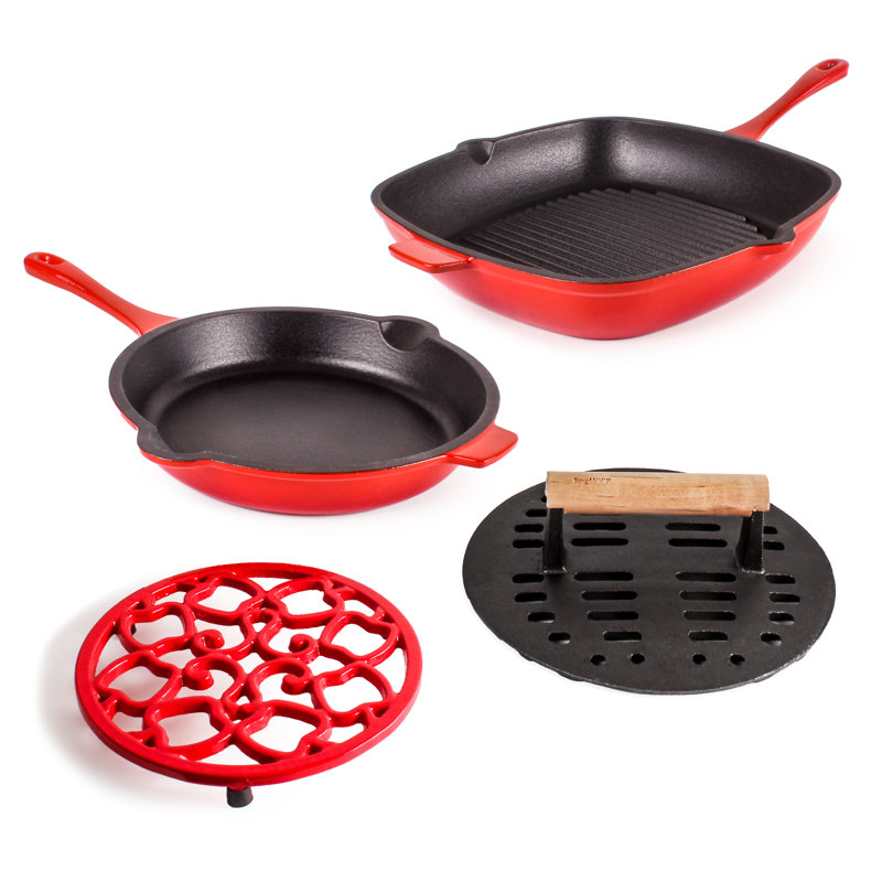 BergHOFF Neo 4Pc Cast Iron Cookware Set with Trivet, Red