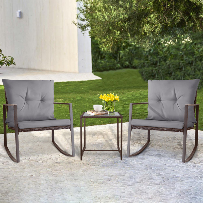 2 - Person Outdoor Dining Set, 3-Piece Outdoor Rattan Rocking Bistro Set with Cushions and Glass Coffee Table, Gray, Brown