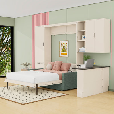Queen Size Murphy Bed with Hydraulic Lift, Upholstered Sofa, LED Lights, Drawers and Shelves