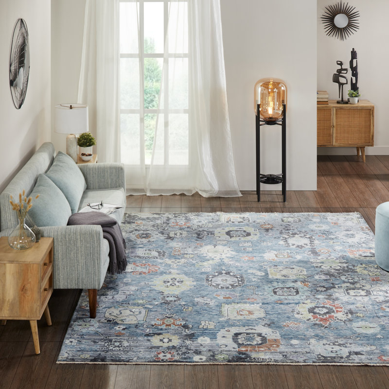 Tapis noué à la main à motif de jardin azur Johannes, Rectangulaire 8 pi x 10 pi