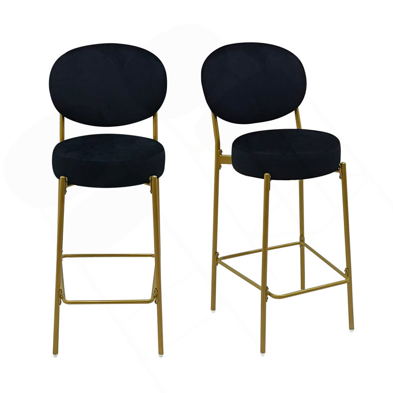 Ensemble de 2 tabourets de bar modernes en velours avec pieds en métal dorés et tabourets de comptoir ronds pour îlot de cuisine, bar personnel (noir)
