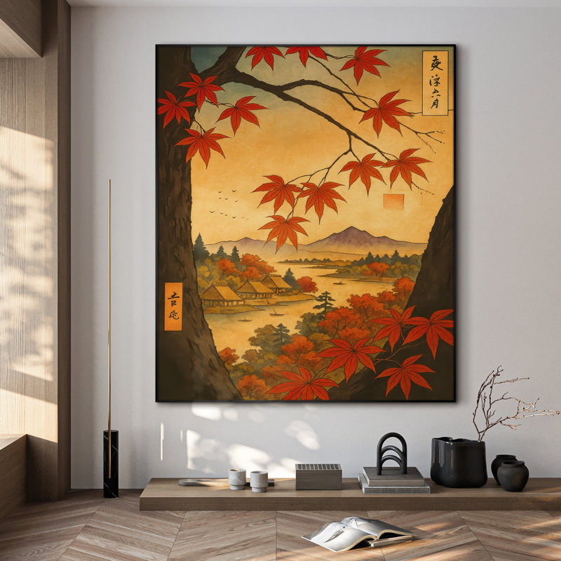 Très grande reproduction d'art sur toile - Feuilles d'érable d'automne et décor de village de montagne pour le salon ou la chambre à coucher - «Assemblage requis du cadre (cadre non fini)»